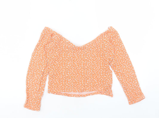 Bershka Womens Orange Floral Viscose Cropped T-Shirt Size L Scoop Neck
