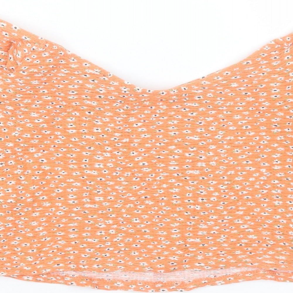Bershka Womens Orange Floral Viscose Cropped T-Shirt Size L Scoop Neck
