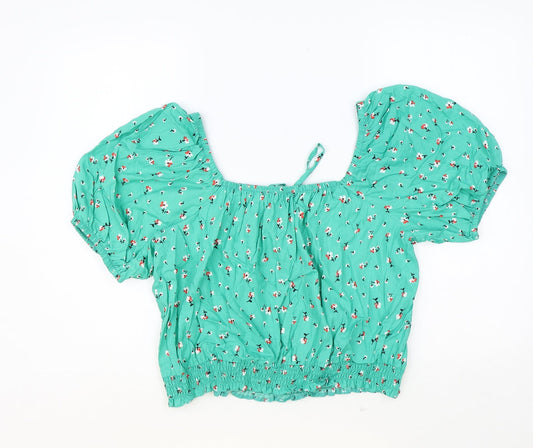 Papaya Womens Green Floral Polyester Cropped T-Shirt Size 16 Square Neck