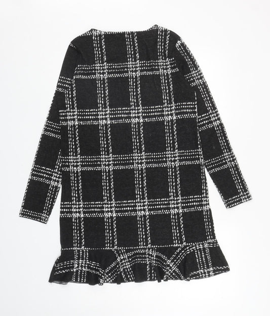 NEXT Womens Black Plaid Polyester A-Line Size 12 Boat Neck Pullover