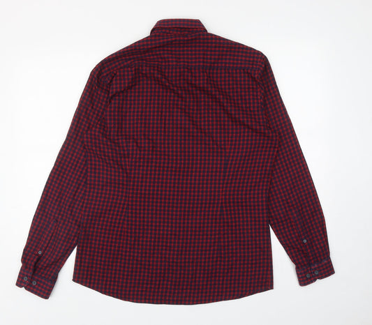 B&W Mens Red Check Cotton Button-Up Size 15.5 Collared Button