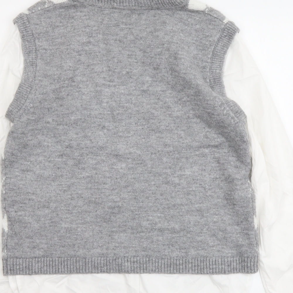 Primark Womens Grey Collared Argyle/Diamond Acrylic Pullover Jumper Size S