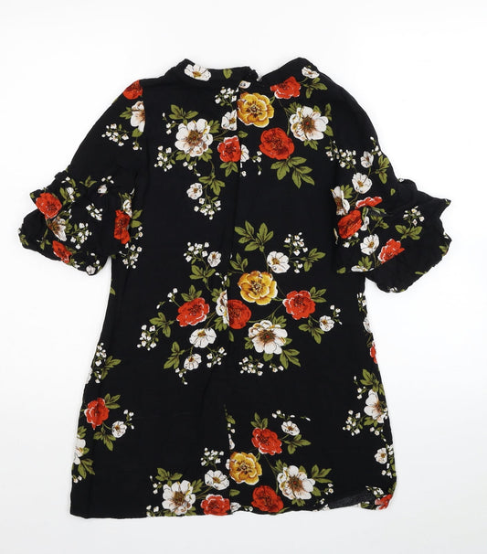 Boohoo Womens Black Floral Viscose T-Shirt Dress Size 4 Round Neck Zip