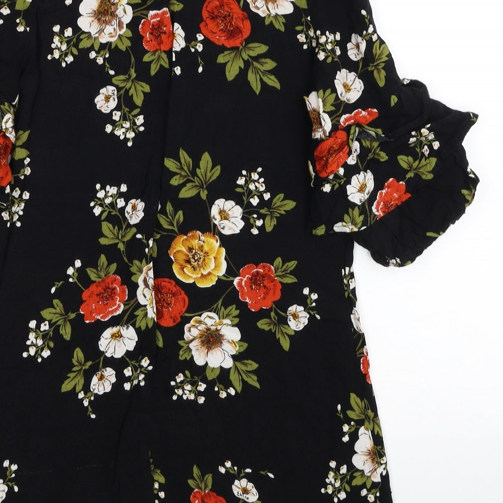 Boohoo Womens Black Floral Viscose T-Shirt Dress Size 4 Round Neck Zip
