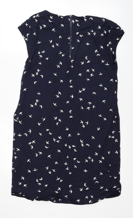 Debenhams Womens Blue Geometric Viscose T-Shirt Dress Size 10 Scoop Neck Zip - Bird Print