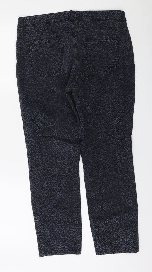 TU Womens Black Animal Print Cotton Straight Jeans Size 14 L25 in Regular Zip