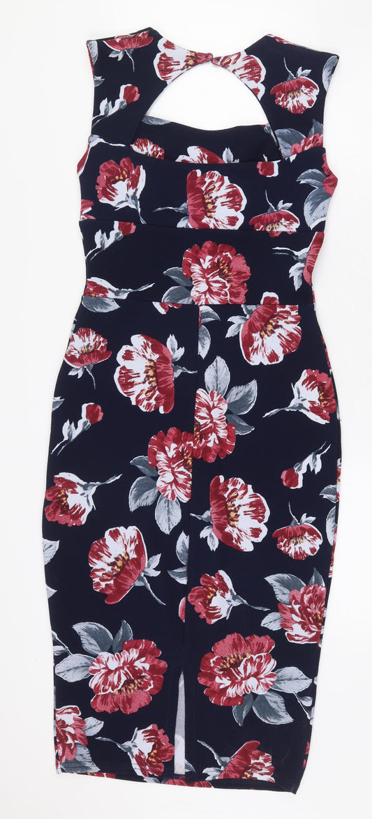 Boohoo Womens Blue Floral Polyester Pencil Dress Size 10 Square Neck Hook & Eye - Neck Cut out