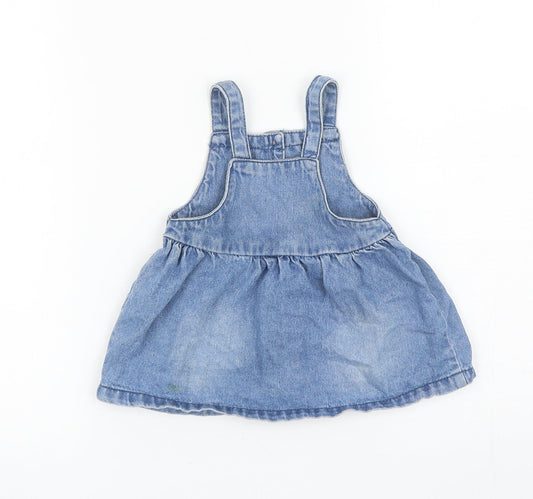 F&F Girls Blue Cotton Pinafore/Dungaree Dress Size 3-6 Months Square Neck Button - Rabbits