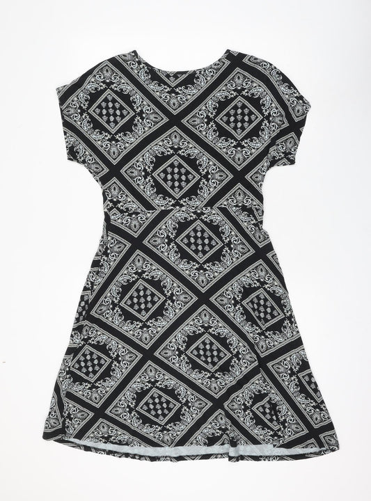 Debenhams Womens Black Geometric Viscose A-Line Size 12 V-Neck Pullover