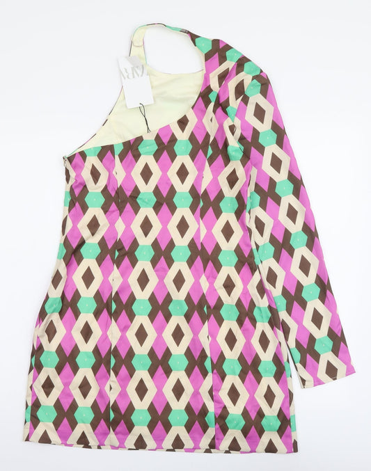Zara Womens Multicoloured Geometric Polyester A-Line Size M One Shoulder Zip
