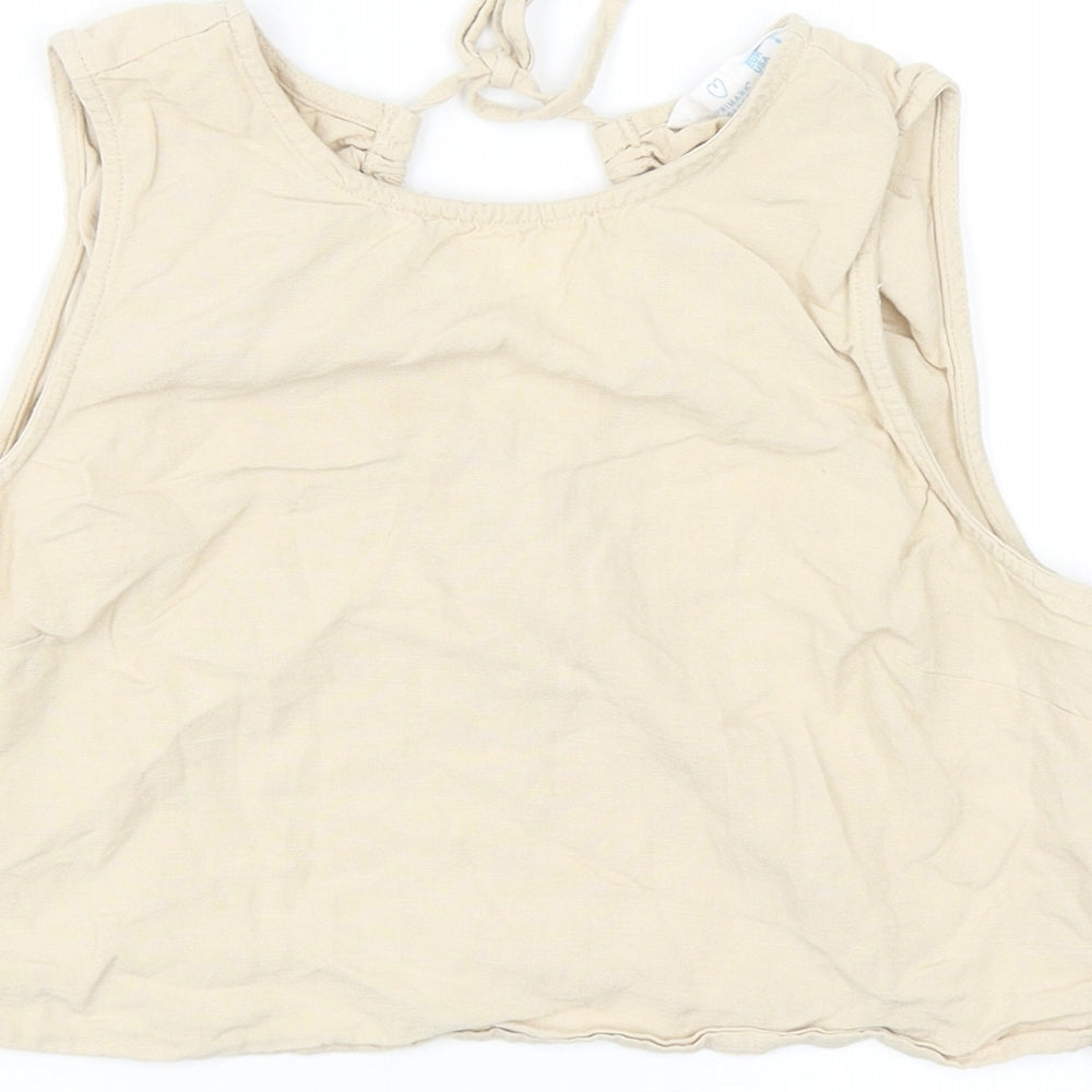 Primark Womens Beige Cotton Cropped T-Shirt Size 10 Boat Neck
