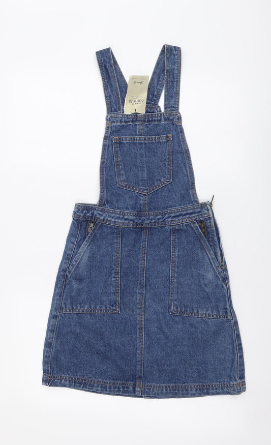 Denim & Co. Womens Blue Cotton Pinafore/Dungaree Dress Size 4 Square Neck Zip
