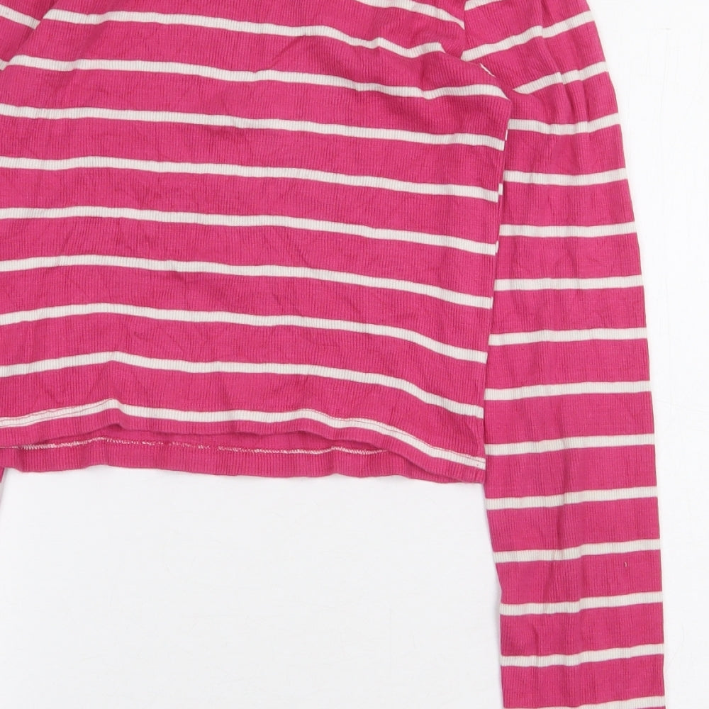 Miss E-Vie Girls Pink Striped Cotton Cropped T-Shirt Size 13-14 Years Round Neck Pullover