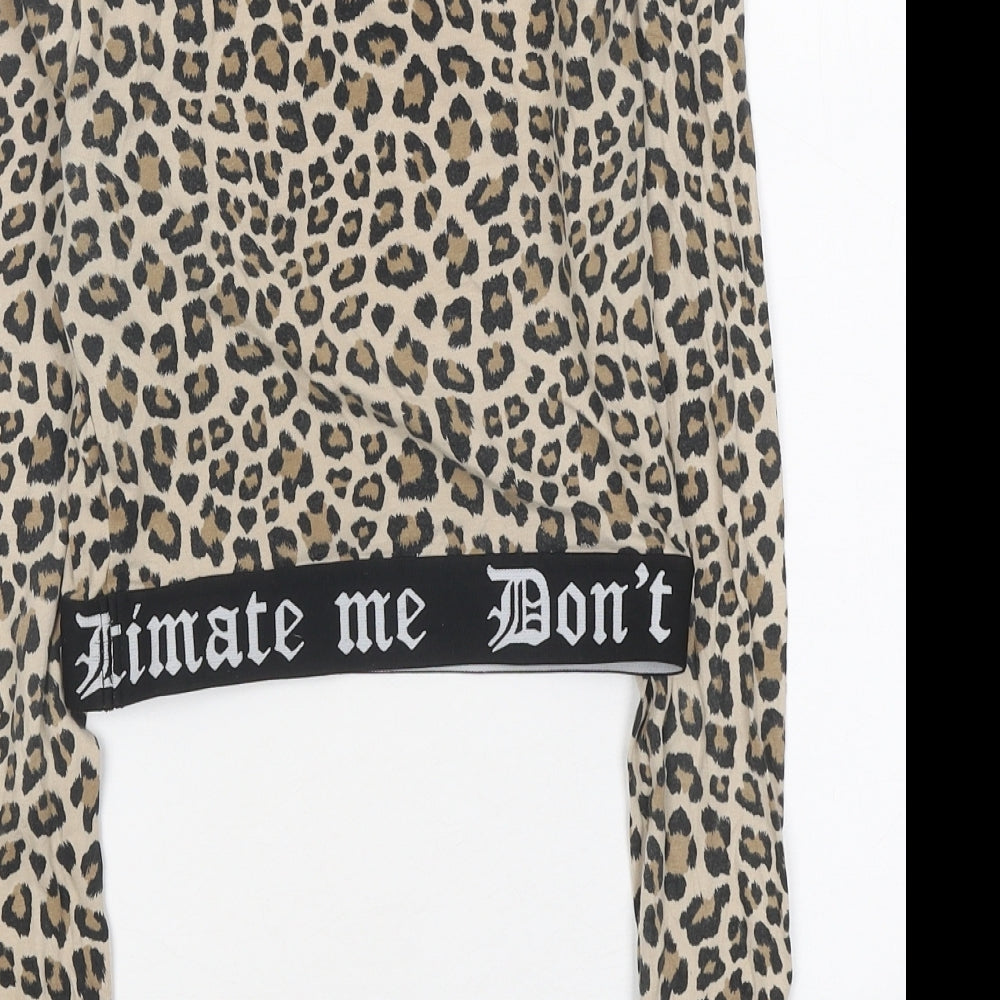 H&M Womens Brown Animal Print Polyester Cropped T-Shirt Size XS Round Neck - Leopard Print