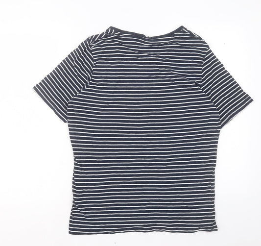 Avenue Womens Blue Striped Cotton Basic T-Shirt Size S V-Neck