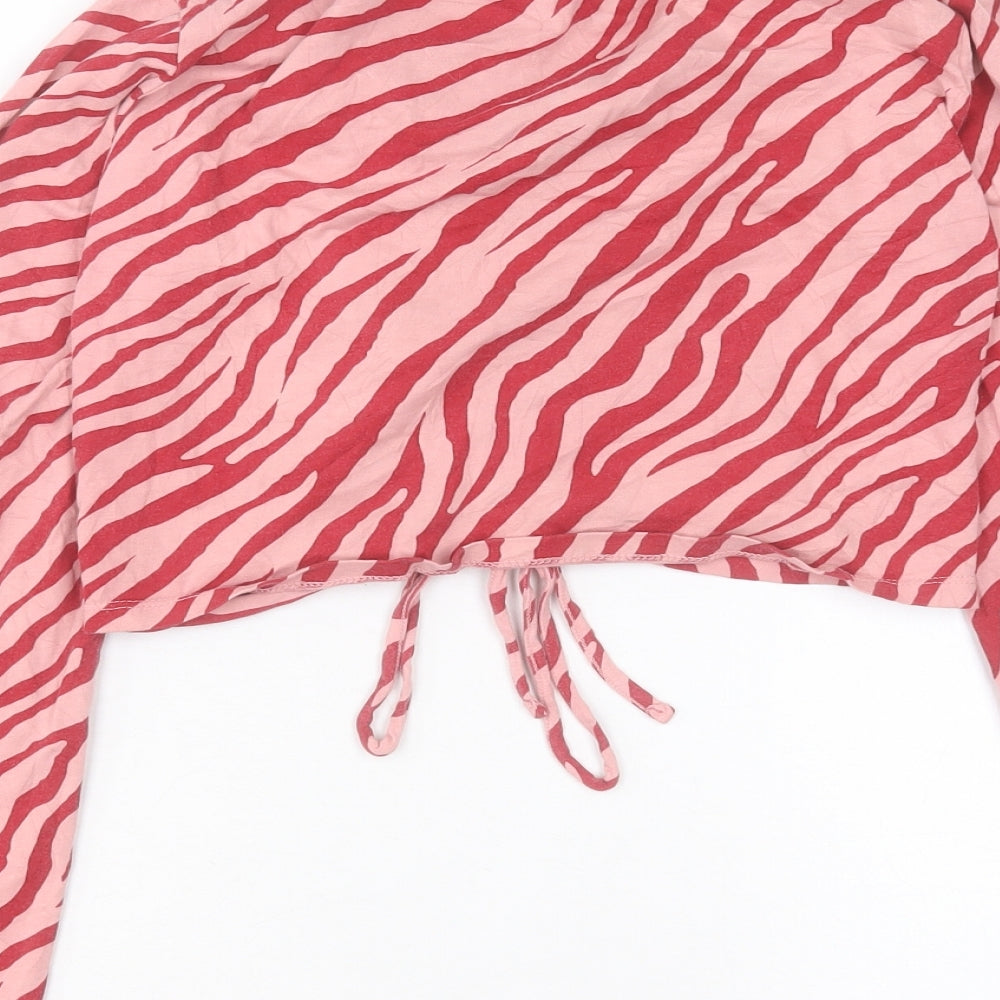 Primark Womens Pink Animal Print Cotton Cropped T-Shirt Size M Crew Neck - Ruched Detail. Size 12-14