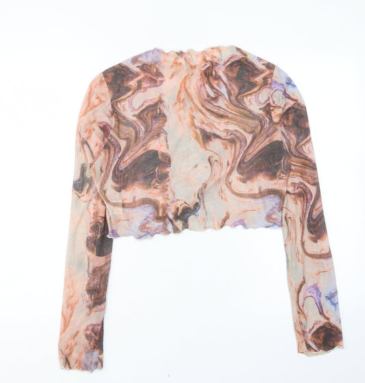 SheIn Womens Orange Geometric Polyester Cropped T-Shirt Size L Crew Neck