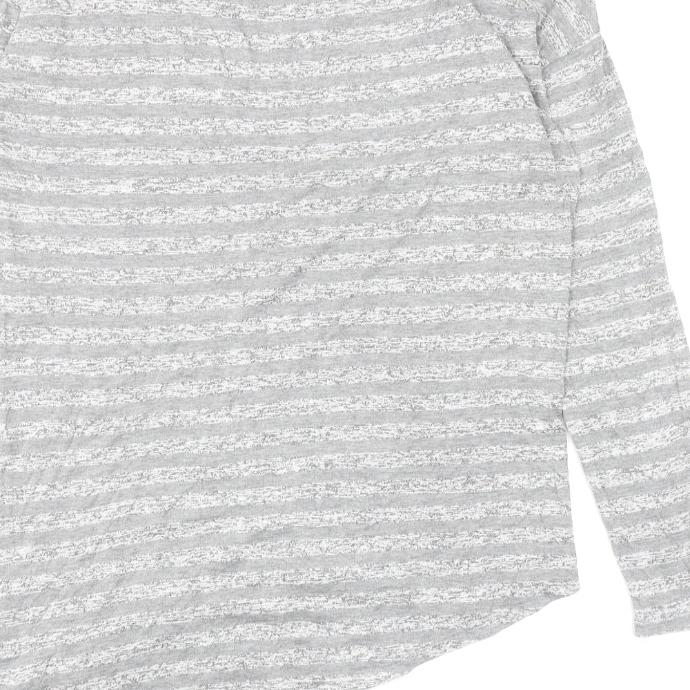 Retro-ology Womens Grey Striped Cotton Basic T-Shirt Size M Boat Neck - Asymmetric