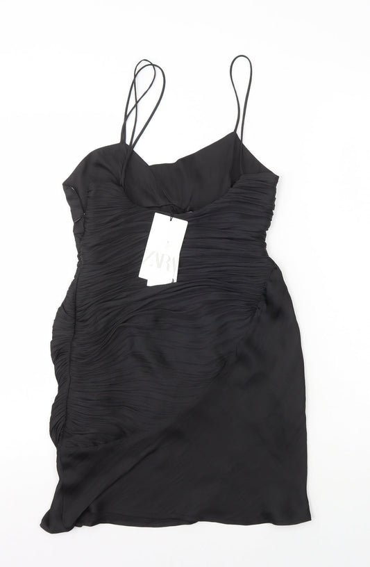 Zara Womens Black Polyester Slip Dress Size S V-Neck Zip