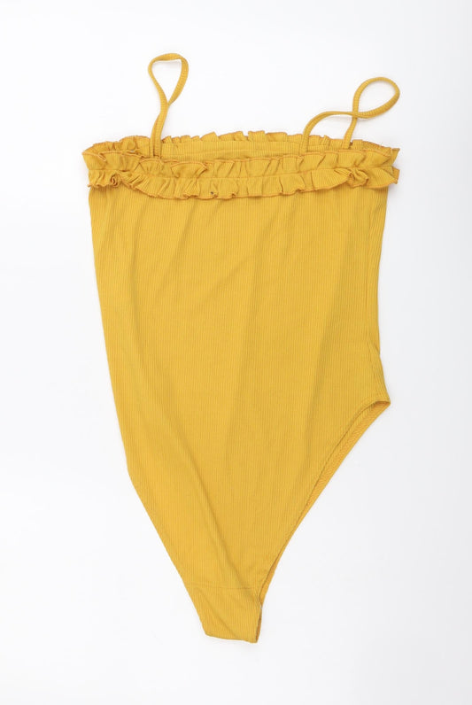 Boohoo Womens Yellow Cotton Bodysuit One-Piece Size 12 Snap