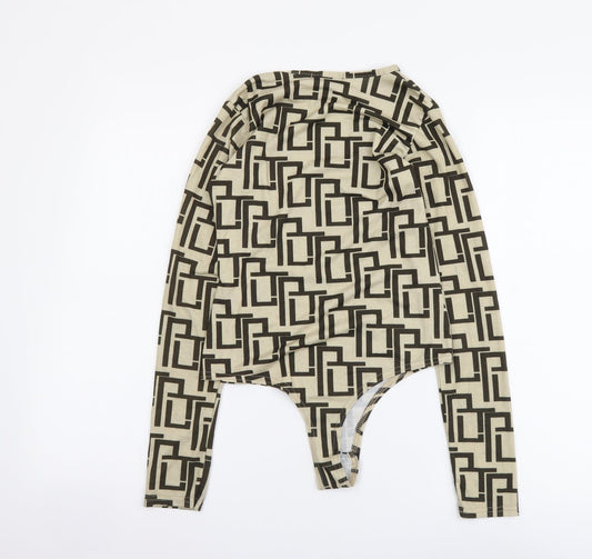 PRETTYLITTLETHING Womens Beige Geometric Polyester Bodysuit One-Piece Size 8 Snap