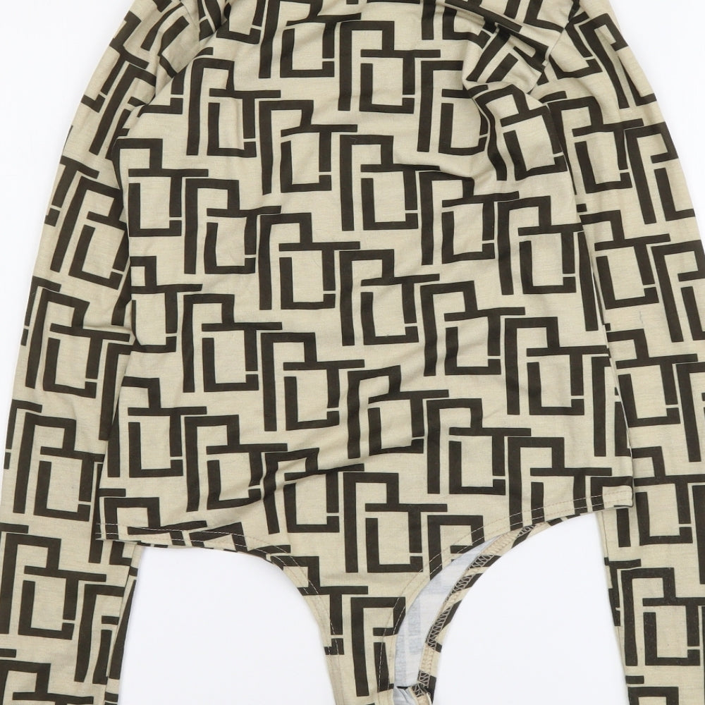 PRETTYLITTLETHING Womens Beige Geometric Polyester Bodysuit One-Piece Size 8 Snap