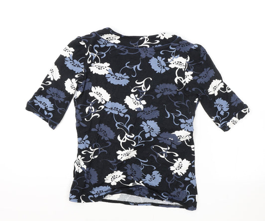 F&F Womens Black Floral Viscose Basic T-Shirt Size 10 V-Neck