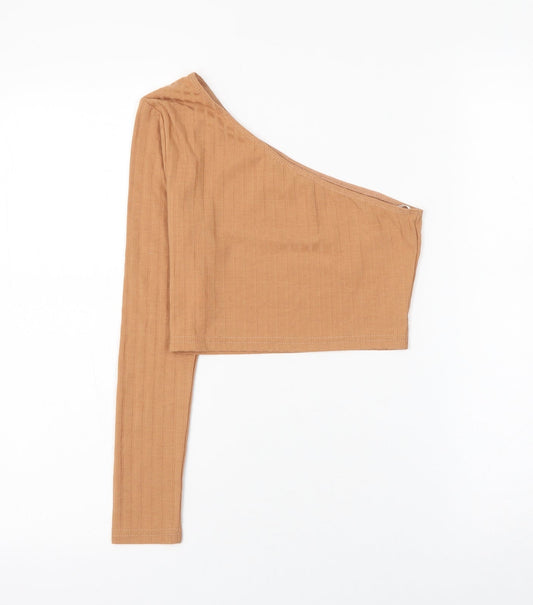 SheIn Womens Brown Polyester Cropped T-Shirt Size S One Shoulder