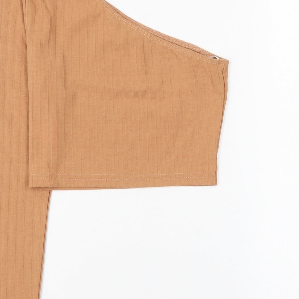 SheIn Womens Brown Polyester Cropped T-Shirt Size S One Shoulder