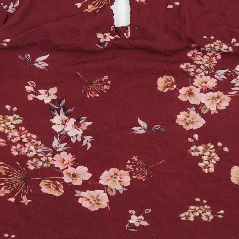 Boohoo Womens Red Floral Polyester Basic Blouse Size 8 Round Neck