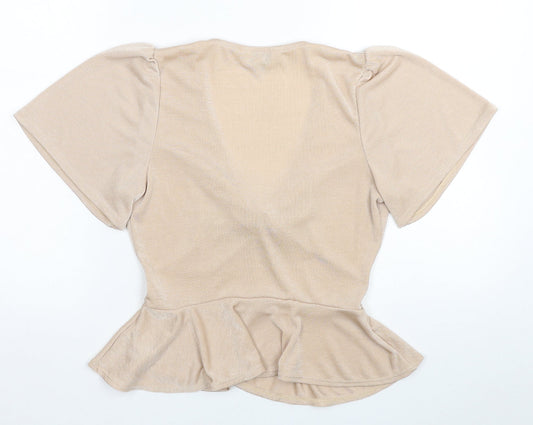 Miss Selfridge Womens Beige Polyester Basic Blouse Size 6 V-Neck - Knot Detail