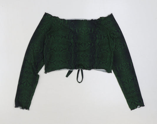 Boohoo Womens Green Animal Print Viscose Cropped Blouse Size 12 V-Neck - Snake Skin Print