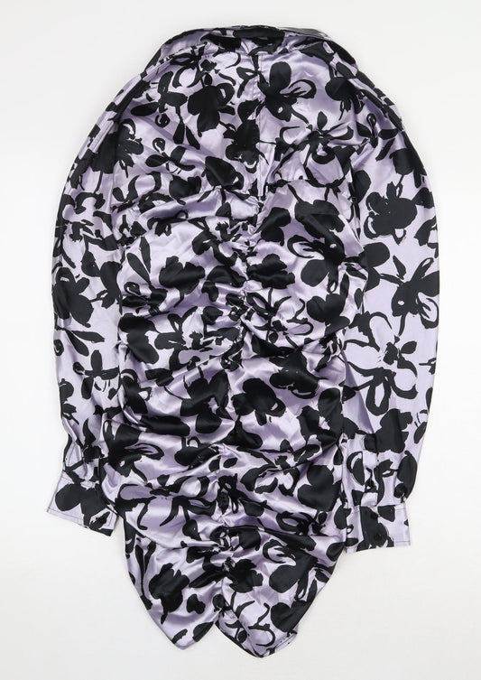 Zara Womens Purple Floral Polyester Mini Size S Collared Button