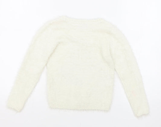 Marks and Spencer Girls White Round Neck Polyamide Pullover Jumper Size 7-8 Years Pullover - Zebra