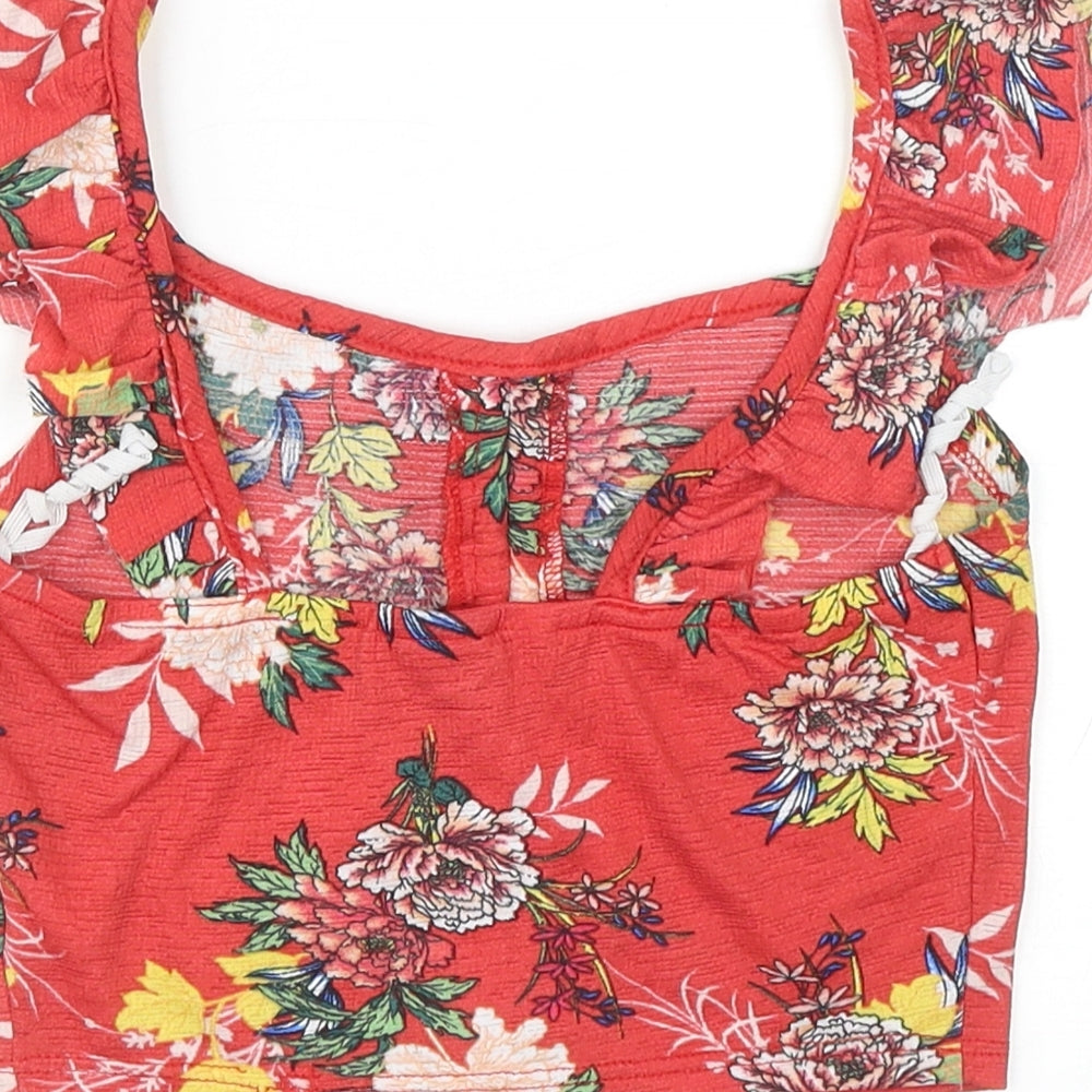 MRP Womens Red Floral Polyester Cropped Tank Size XS Scoop Neck - Ruched