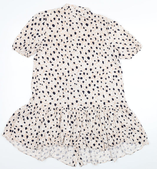 Primark Womens Beige Animal Print Viscose Shirt Dress Size 12 Round Neck Button - Leopard Print
