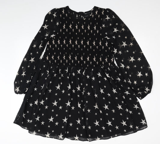 ASOS Womens Black Geometric Polyester Fit & Flare Size 8 Scoop Neck Zip - Star Print