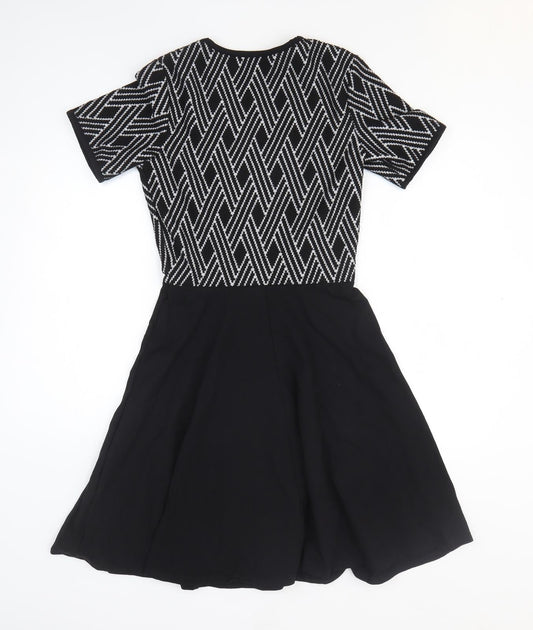 Dorothy Perkins Womens Black Argyle/Diamond Polyester Fit & Flare Size 8 Round Neck Pullover