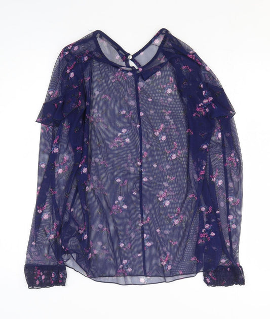 George Womens Blue Floral Polyester Basic T-Shirt Size 10 Round Neck