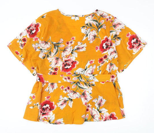 SheIn Womens Yellow Floral Polyester Basic Blouse Size XL V-Neck