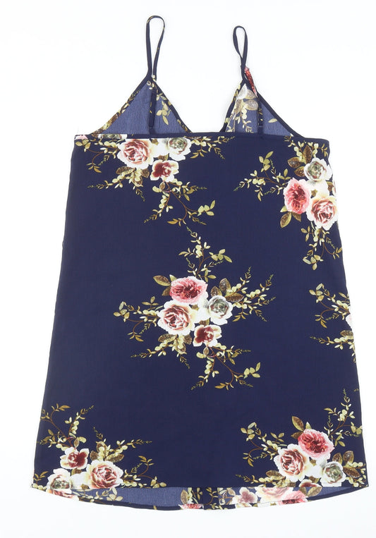 SheIn Womens Blue Floral Polyester Mini Size M V-Neck Button