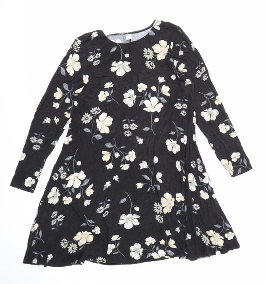 Old Navy Womens Black Floral Viscose Skater Dress Size L Round Neck Pullover