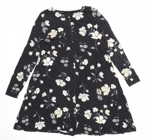 Old Navy Womens Black Floral Viscose Skater Dress Size L Round Neck Pullover