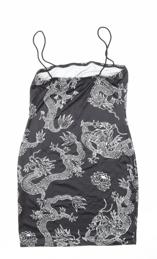 SheIn Womens Black Geometric Polyester Bodycon Size S Square Neck Pullover - Dragon Print