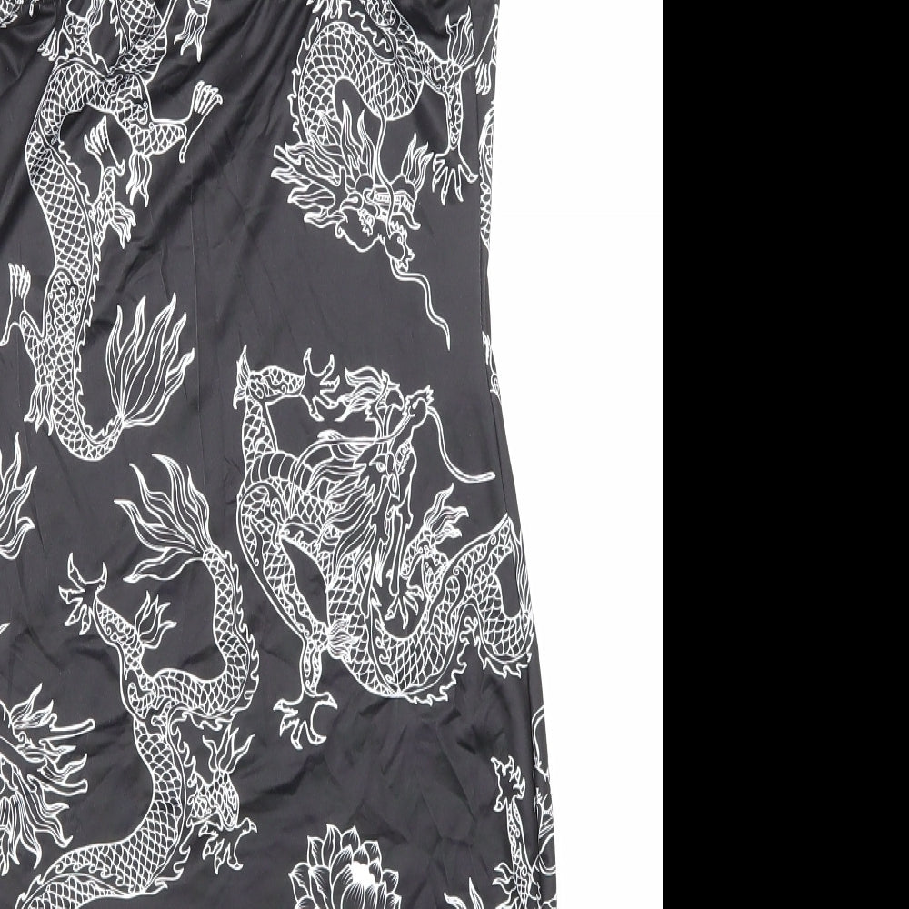 SheIn Womens Black Geometric Polyester Bodycon Size S Square Neck Pullover - Dragon Print