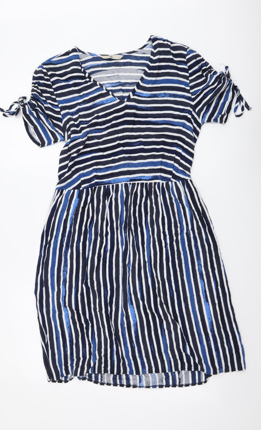 TU Womens Blue Striped Viscose A-Line Size 8 V-Neck Pullover