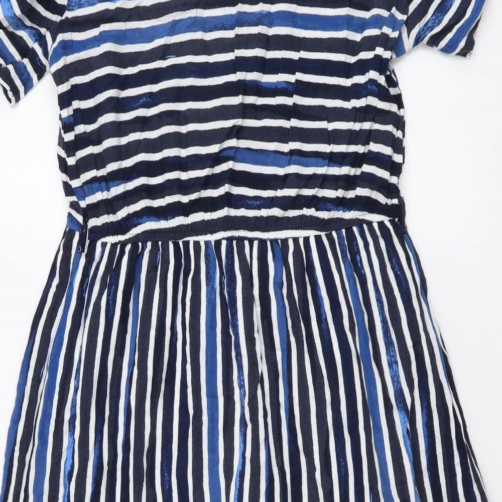 TU Womens Blue Striped Viscose A-Line Size 8 V-Neck Pullover