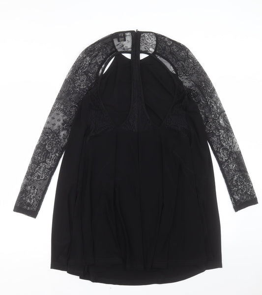 ASOS Womens Black Polyester A-Line Size 10 Crew Neck Zip - Lace Sleeve Detail