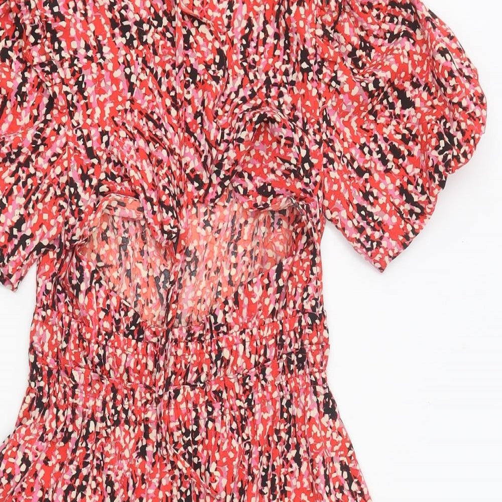 Topshop Womens Red Geometric Polyester Skater Dress Size 6 Round Neck Tie