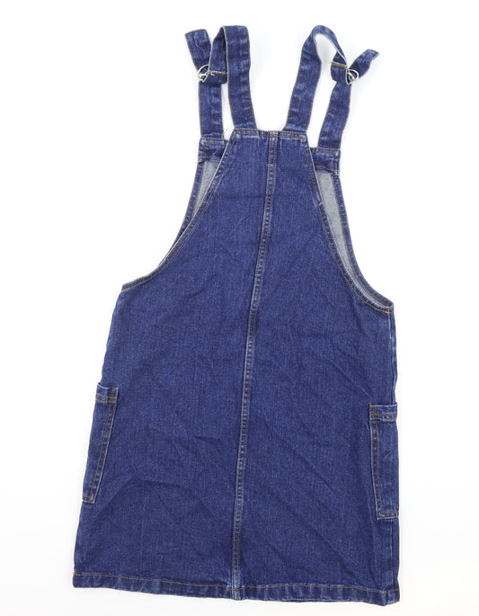 Primark Womens Blue Cotton Pinafore/Dungaree Dress Size 8 Square Neck Buckle